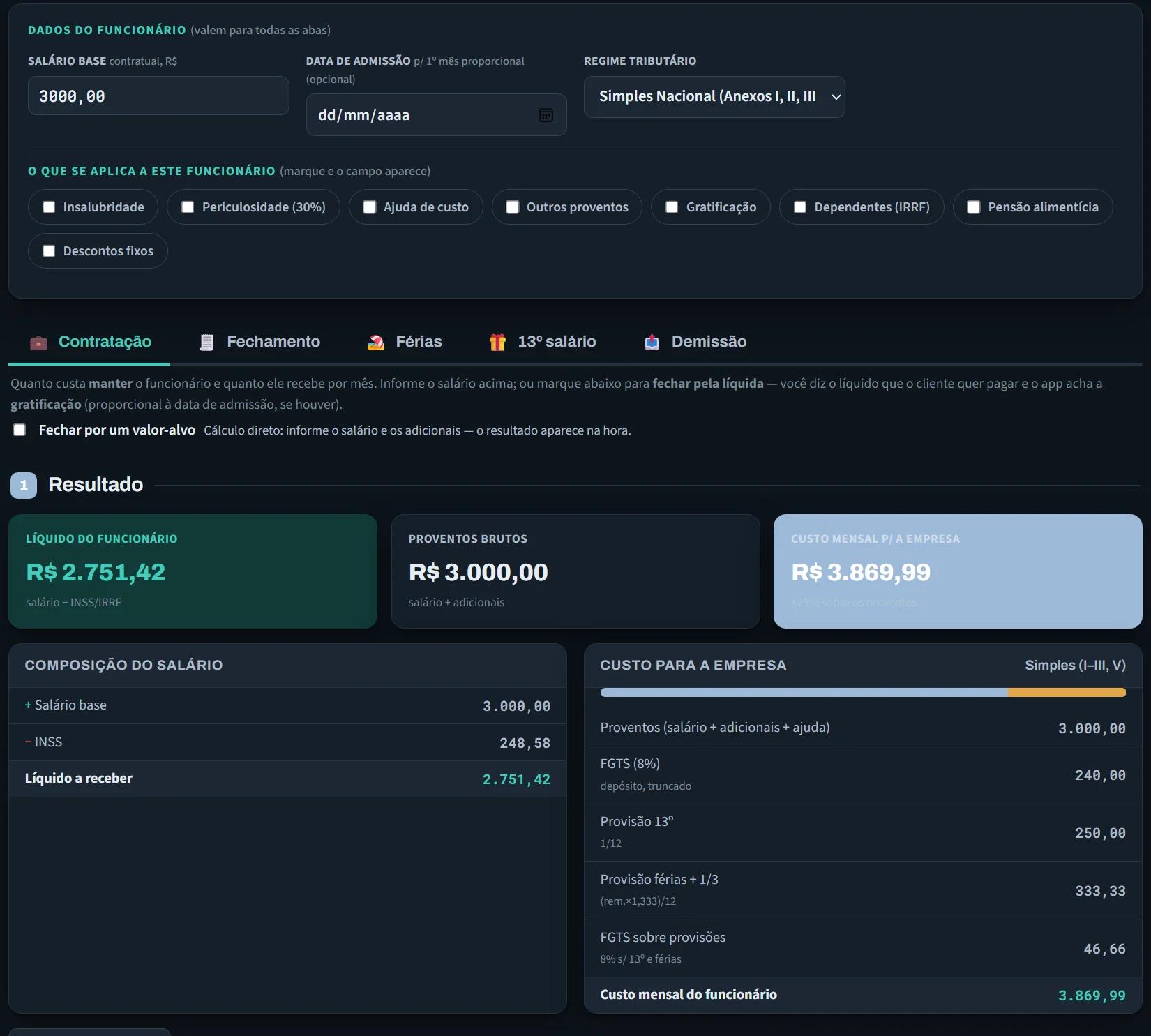 Aba Contratação da calculadora