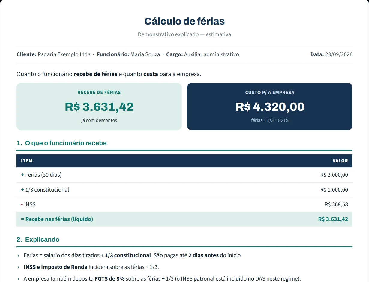 Demonstrativo de férias em PDF gerado pela calculadora